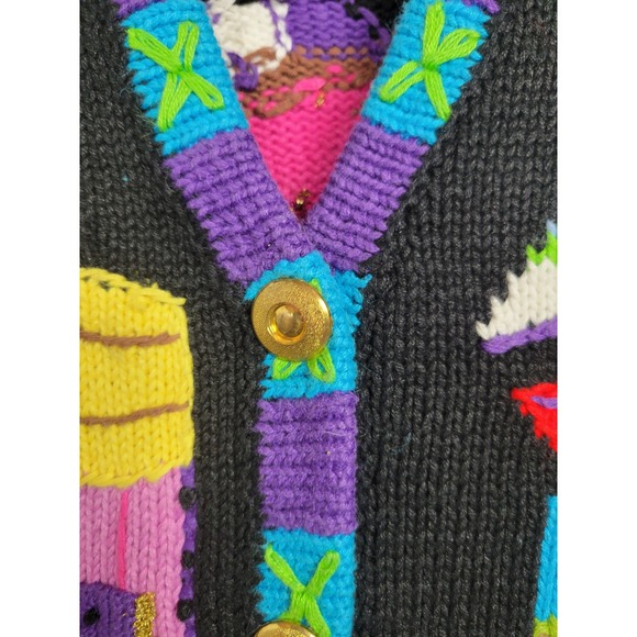 Storybook Knits Vintage Travel Cardigan Medium Black Suitcase Globe Sailboat - Picture 6 of 13